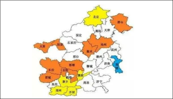 河北北部，山西北部，山東東、南部，河南南部部分城市。