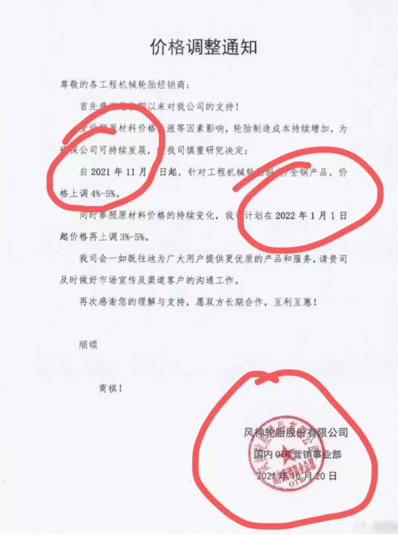 風(fēng)神輪胎、固鉑輪胎則宣布宣布旗下部分輪胎產(chǎn)品將分別于2022年1月、2021年12月1日開(kāi)始價(jià)格最高上調(diào)5%。