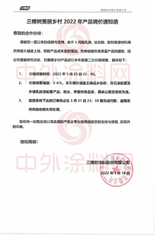 最高漲幅裝修漆12%！防水系列20%！美麗鄉(xiāng)村6%！三棵樹全線產(chǎn)品價格上調(diào)