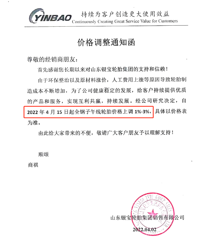 山東銀寶輪胎集團銷售有限公司發(fā)布調價通知