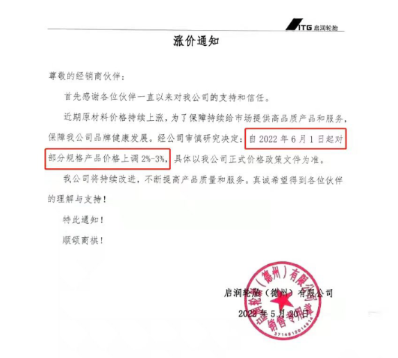 　啟潤輪胎6月漲價 宣布自6月1日起對部分規(guī)格產(chǎn)品價格上調(diào)2%-3%。