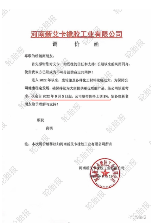 2022年8月19日，河南新艾卡橡膠工業(yè)有限公司發(fā)布產(chǎn)品漲價(jià)通知。