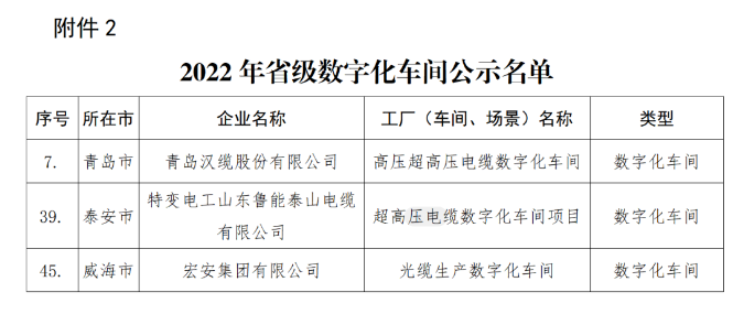 青島漢纜、特變電工山東魯能泰山電纜、宏安集團(tuán)入選2022年省級(jí)數(shù)字化車(chē)間公示名單