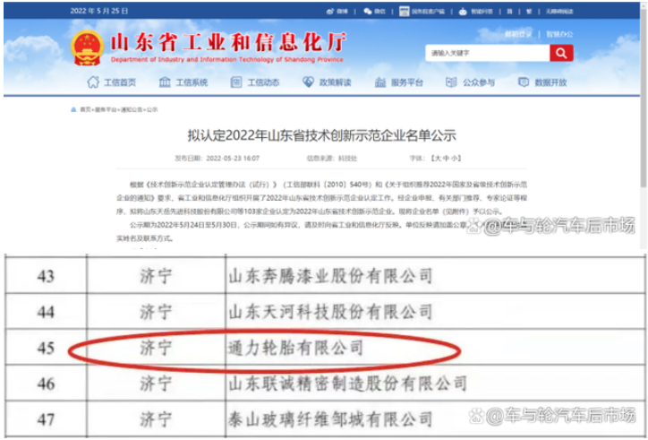 5月23日，山東省工業(yè)和信息化廳公布“2022年山東省技術(shù)創(chuàng)新示范企業(yè)”擬認(rèn)定名單，通力輪胎赫然在列。