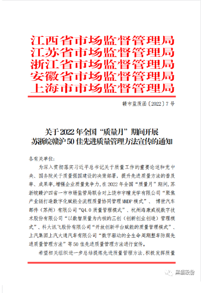 黑貓股份《BIQS精?；湁K管理模式》 榮獲2022年度蘇浙皖贛滬先進質(zhì)量管理方法50佳