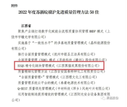 本次評選活動由蘇浙皖贛滬四省一市市場監(jiān)督管理局聯(lián)合舉行，旨在積極發(fā)揮質(zhì)量標桿組織的示范帶頭作用，通過宣傳推廣各類可復制的先進質(zhì)量管理方法，激勵更多企業(yè)加強質(zhì)量管理，追求卓越績效，促進區(qū)域內(nèi)質(zhì)量發(fā)展水平的整體提升。黑貓股份選送的質(zhì)量成果案例經(jīng)過景德鎮(zhèn)和省市場監(jiān)督管理局初選、推優(yōu)、評選，從上千個案例中脫穎而出，最終入選50佳先進質(zhì)量管理方法。