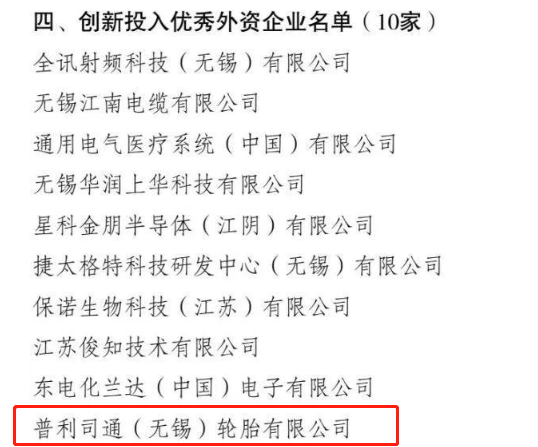 普利司通(無(wú)錫)輪胎有限公司進(jìn)入創(chuàng)新投入優(yōu)秀外資企業(yè)名單