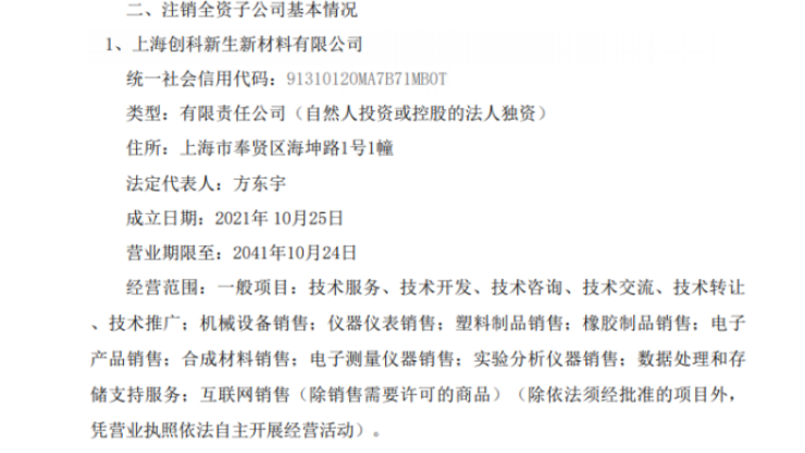 北化高科擬注銷(xiāo)子公司上海創(chuàng)科新生新材料有限公司 北化高科擬注銷(xiāo)子公司上海創(chuàng)科新生新材料有限公司