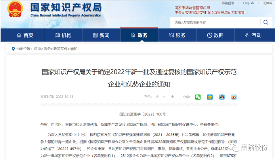 喜報(bào)！黑貓股份榮列2022年國(guó)家知識(shí)產(chǎn)權(quán)優(yōu)勢(shì)企業(yè)