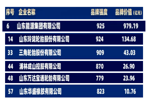 棗礦橡膠母公司山東能源集團(tuán)、玲瓏輪胎、三角輪胎、浦林成山、萬(wàn)達(dá)寶通、華盛橡膠位列榜單之中，均為山東地區(qū)企業(yè)。