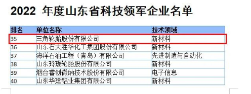 科技硬實力，三角輪胎入選山東領(lǐng)軍企業(yè)