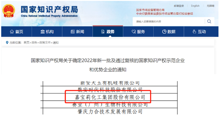 　嘉寶莉于2017年首次通過國家知識產(chǎn)權(quán)優(yōu)勢企業(yè)認定，本次復(fù)核認定，是政府和社會對嘉寶莉在知識產(chǎn)權(quán)工作的堅實認可，也是嘉寶莉在知識產(chǎn)權(quán)領(lǐng)域?qū)嵙Ψ€(wěn)步提升的見證。  