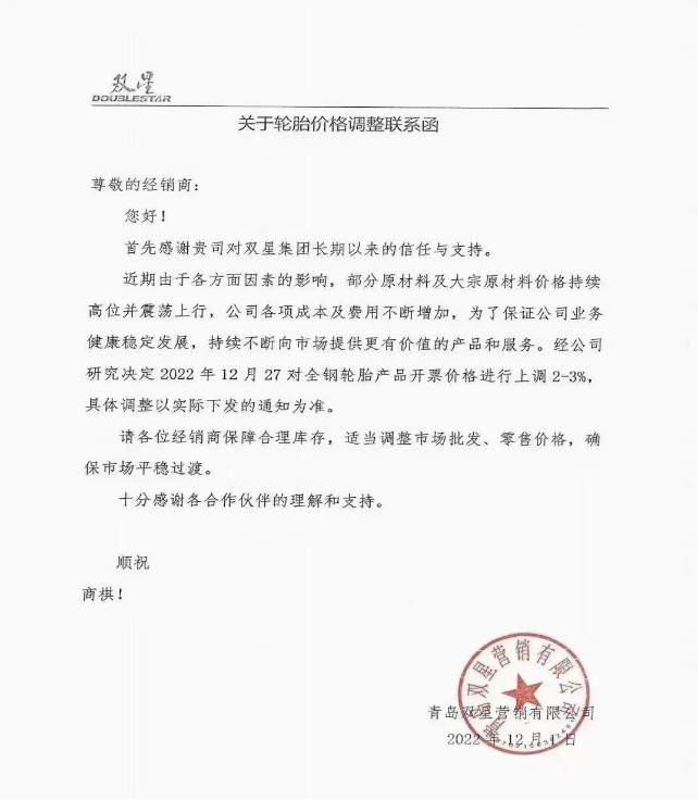雙星、雙錢、成山、玲瓏 宣布12月份漲價(jià)