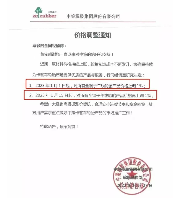 而這已經(jīng)是中策兩個(gè)月之內(nèi)的三連漲了。此前中策決定自1月1日起，對(duì)所有全鋼子午線輪胎產(chǎn)品價(jià)格上調(diào)1%;自1月15日起對(duì)上述產(chǎn)品價(jià)格再上調(diào)1%。