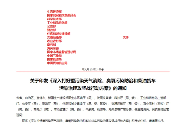 最后，2022年11月14日，生態(tài)環(huán)境部、發(fā)改委、科學技術(shù)部、工信部等15部門聯(lián)合印發(fā)了《深入打好重污染天氣消除、臭氧污染防治和柴油貨車污染治理攻堅戰(zhàn)行動方案》，提出，到2025年，全國柴油貨車排放檢測合格率超過90%，全國柴油貨車氮氧化物排放量下降12%，新能源和國六排放標準貨車保有量占比力爭超過40%。
