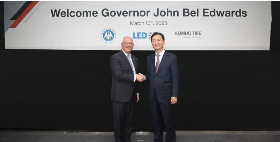 由路易斯安那州州長 John Bel Edwards 率領(lǐng)的貿(mào)易代表團(tuán)訪問了錦湖輪胎位于韓國首爾的總部。代表團(tuán)，會見了錦湖輪胎首席執(zhí)行官 Il-Taek Jung、全球銷售主管 Seung-Bin Lim 和供應(yīng)鏈管理主管 Eun-Sun Lee。