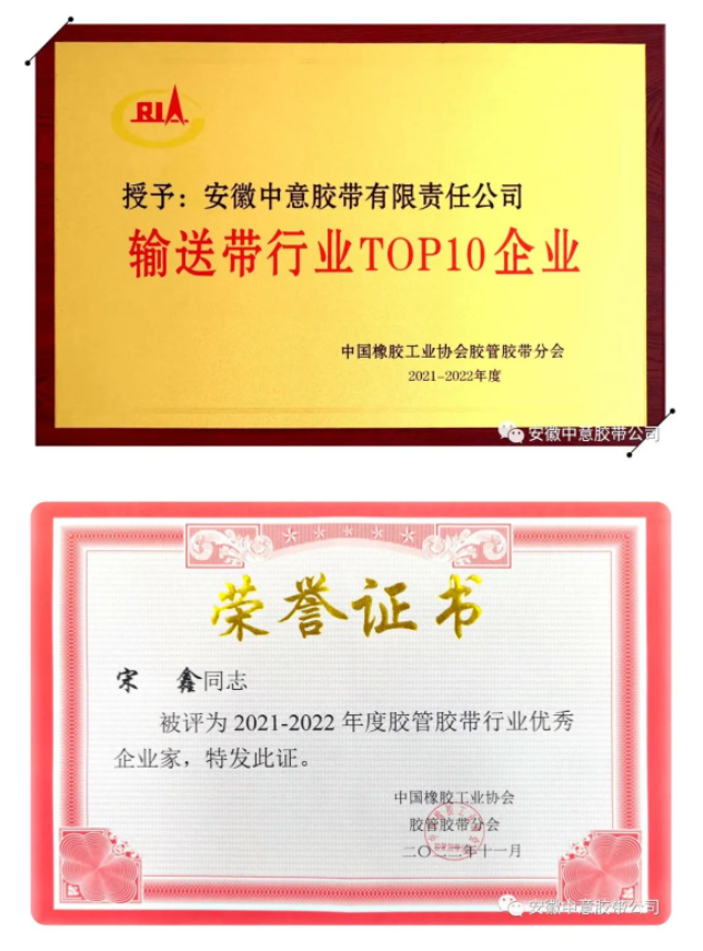 多項(xiàng)榮譽(yù)評(píng)選結(jié)果出爐，其中包括2021-2022年度“輸送帶行業(yè)TOP10企業(yè)”、“行業(yè)優(yōu)秀企業(yè)家”和“行業(yè)優(yōu)秀科技工作者”等。安徽中意膠帶公司憑借著產(chǎn)品優(yōu)勢(shì)、卓越的品牌影響力以及市場(chǎng)表現(xiàn)，連續(xù)15年榮獲“輸送帶行業(yè)十強(qiáng)企業(yè)”榮譽(yù)稱(chēng)號(hào)。此外，安徽中意膠帶公司總經(jīng)理宋鑫榮獲“優(yōu)秀企業(yè)家”稱(chēng)號(hào)，公司副總工程師袁陸海則榮獲“優(yōu)秀科技工作者”稱(chēng)號(hào)。這些殊榮的獲得，證明了安徽中意膠帶公司在行業(yè)內(nèi)的領(lǐng)先地位和卓越表現(xiàn)。