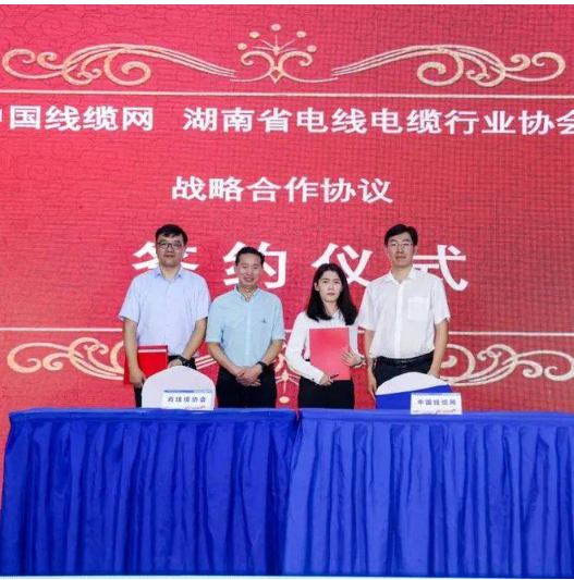 會(huì)議第二個(gè)部分是簽約儀式，湖南省電線電纜行業(yè)協(xié)會(huì)分別與湖南省產(chǎn)商品質(zhì)量監(jiān)督檢驗(yàn)研究院、湖南省湘雁輸變電產(chǎn)業(yè)服務(wù)中心、中國(guó)線纜網(wǎng)簽署戰(zhàn)略合作協(xié)議。合作雙方表示將發(fā)揮各自優(yōu)勢(shì)，建立協(xié)作平臺(tái)，深化創(chuàng)新協(xié)同，優(yōu)勢(shì)互補(bǔ)譜寫(xiě)合作新篇章。