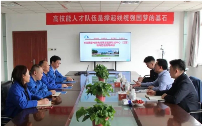 國(guó)家電線電纜質(zhì)量檢驗(yàn)檢測(cè)中心(江蘇)吳江主任一行蒞臨青島豪邁電纜集團(tuán)有限公司進(jìn)行考察調(diào)研。雙方就品質(zhì)管理、檢驗(yàn)試驗(yàn)?zāi)芰Φ确矫嬲归_(kāi)交流。