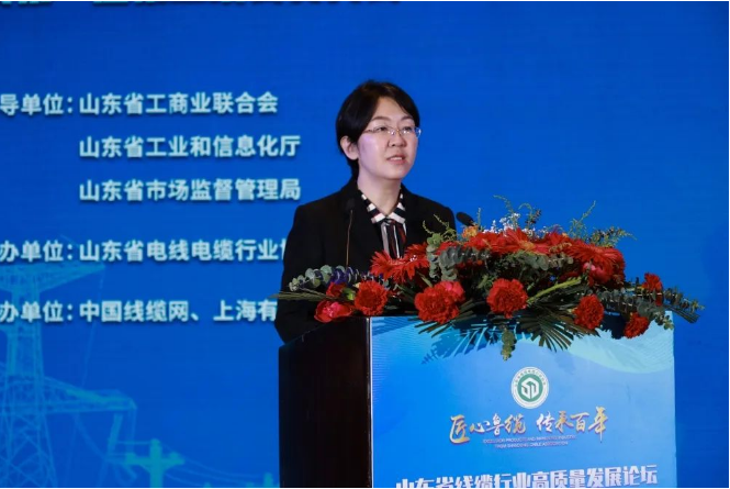 山東省工業(yè)和信息化廳裝備產(chǎn)業(yè)處副處長齊采芹指出，山東省電線電纜行業(yè)協(xié)會的成立和發(fā)展，對于加強(qiáng)線纜行業(yè)內(nèi)交流與合作、推動技術(shù)工藝標(biāo)準(zhǔn)化升級、搶抓細(xì)分領(lǐng)域核心優(yōu)勢、加快培育特色產(chǎn)業(yè)集群等有重要積極的意義，希望借助優(yōu)勢企業(yè)，開展特色產(chǎn)業(yè)集群培育、制造業(yè)創(chuàng)新中心建設(shè)、大中小梯次企業(yè)培育、數(shù)字化轉(zhuǎn)型升級。