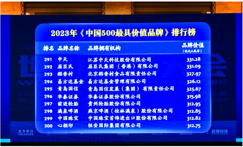 貴州輪胎前進(jìn)品牌以312.95億元人民幣的價值位列2023年(第二十屆)中國500最具價值品牌第297名。與去年相比，貴州輪胎前進(jìn)品牌的品牌價值增加了42.3億元人民幣，進(jìn)一步鞏固了其在國內(nèi)市場的地位，并成功進(jìn)軍國際化品牌陣營。
