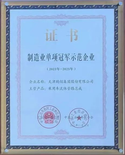 鵬翎集團憑借其在乘用車流體管路領域的卓越貢獻，成功入選為“第七批國家級制造業(yè)單項冠軍示范企業(yè)”。