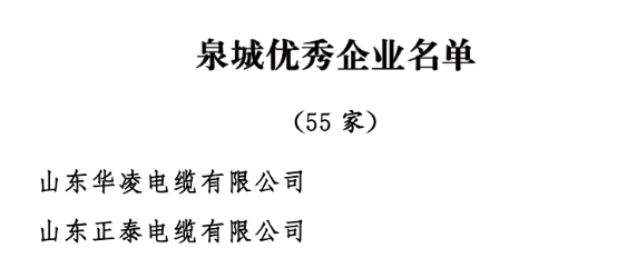 中共濟(jì)南市委、濟(jì)南市人民政府發(fā)布了《關(guān)于表彰濟(jì)南市優(yōu)秀企業(yè)和優(yōu)秀企業(yè)家的決定》，以激勵(lì)和表彰全市廣大企業(yè)和企業(yè)家在濟(jì)南經(jīng)濟(jì)社會(huì)發(fā)展中的卓越貢獻(xiàn)。經(jīng)過嚴(yán)格評(píng)選，55家企業(yè)被授予“泉城優(yōu)秀企業(yè)”稱號(hào)。其中山東華凌電纜有限公司、山東正泰電纜有限公司被授予“泉城優(yōu)秀企業(yè)”稱號(hào)。
