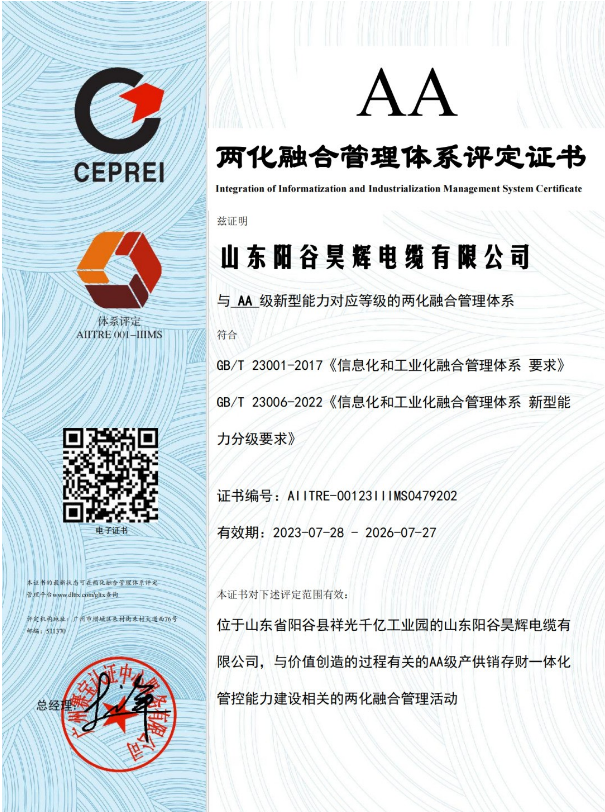 ，山東陽谷昊輝電纜有限公司在兩化融合管理體系貫標工作取得階段性成果，成功通過體系評定，并獲得由國家工信部授權的評定機構——廣州賽寶認證中心服務有限公司頒發(fā)的兩化融合管理體系AA級評定證書。
