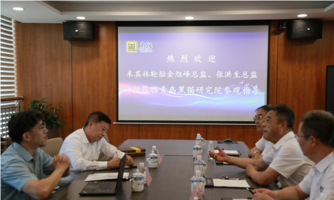 金旭峰一行人首先參觀了青島黑貓研究院的中試生產(chǎn)車間、黑貓文化展廳、檢測中心、研發(fā)中心等，詳細(xì)了解了黑貓集團(tuán)的歷史發(fā)展、業(yè)務(wù)范圍、產(chǎn)學(xué)研融合等情況。