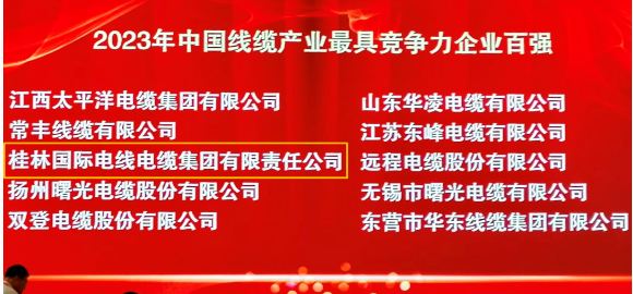 桂林國(guó)際線纜集團(tuán)榮獲"中國(guó)線纜產(chǎn)業(yè)最具競(jìng)爭(zhēng)力企業(yè)百?gòu)?qiáng)”