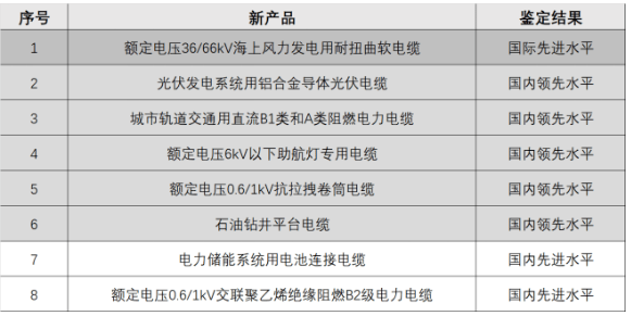 新疆維吾爾自治區(qū)工信廳科技質(zhì)量處副處長(zhǎng)陳捷在開工典禮上對(duì)新纜廠自主研發(fā)的8款創(chuàng)新產(chǎn)品技術(shù)進(jìn)行了權(quán)威鑒定。據(jù)了解，其中一款名為“額定電壓36/66千伏海上風(fēng)力發(fā)電用耐扭曲軟電纜”的產(chǎn)品達(dá)到了國(guó)際先進(jìn)水平。此外，還有名為“鋁合金芯光伏線”和“儲(chǔ)能系統(tǒng)用電池連接電纜”的7款產(chǎn)品達(dá)到了國(guó)內(nèi)先進(jìn)水平。