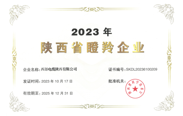 近日，陜西省科學(xué)技術(shù)廳公布了《2023年陜西省瞪羚企業(yè)》名單，西部電纜陜西有限公司喜獲殊榮，成功入選并獲得“2023年陜西省瞪羚企業(yè)”榮譽(yù)稱號(hào)。
