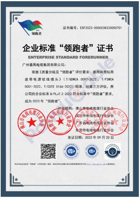宣布了2023年首批民營企業(yè)國家級“領(lǐng)跑者”名單。其中，番纜集團(tuán)憑借其柔性防火電纜、橡套電線電纜、家用和類似用途交流帶插頭電源軟線產(chǎn)品的卓越品質(zhì)，榮獲2023年度民營企業(yè)標(biāo)準(zhǔn)“領(lǐng)跑者”證書，為該行業(yè)樹立了新的標(biāo)桿。